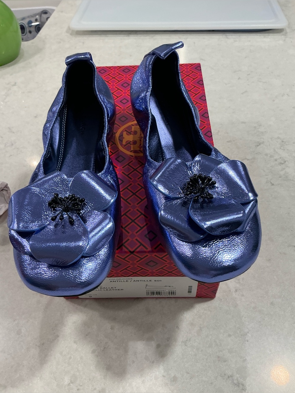 Metallic Blue Floral Ballet Flats - Women Tory Burch